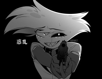 black_background clothed clothing gun male multi_eye pointing_gun_at_viewer ranged_weapon simple_background solo weapon enaic31 hazbin_hotel hellaverse angel_dust arachnid arthropod demon humanoid spider hi_res monochrome
