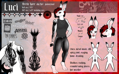 alternative_fashion anthro arm_tattoo back_tattoo bottomwear chain clothing ear_piercing female hair leather leather_bottomwear leather_clothing leather_legwear leather_pants legwear metalhead multicolored_body nipple_piercing nipples pants piercing red_hair solo tattoo text tongue tongue_piercing evolucifer hare lagomorph leporid mammal 16:10 absurd_res english_text hi_res model_sheet widescreen