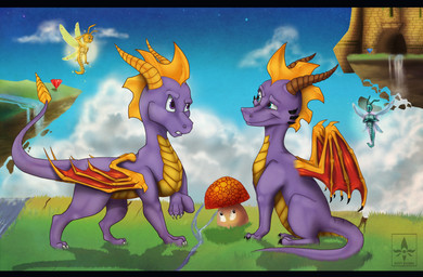 black_bars blue_eyes curved_horn day detailed_background feral grass group horn insect_wings male membrane_(anatomy) membranous_wings nude outside plant purple_body purple_eyes purple_skin sky smile sun tail wings katerezonate activision mythology spyro_the_dragon fan_character spyro dragon mythological_creature mythological_scalie scalie absurd_res hi_res