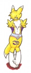 anthro armwear biped blonde_hair breasts camel_toe chest_tuft claws clothing elbow_gloves female fur gloves hair hair_over_eye handwear leg_markings markings one_eye_obstructed panties short_hair shy solo standing tail tuft underwear yellow_body yellow_fur rinzy bandai_namco digimon canid canine digimon_(species) mammal renamon