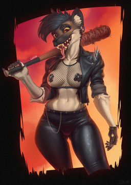 5_fingers abstract_background alternative_fashion anthro baseball_bat bat_(object) black_hair bottomwear breasts brown_eyes brown_nose chain claws clothed clothing ear_piercing ear_ring female finger_claws fingerless_gloves fingers fishnet_clothing fishnet_topwear flesh_tunnel gauged_ear gloves hair handwear inner_ear_fluff jacket leather leather_bottomwear leather_clothing leather_jacket leather_pants leather_topwear looking_at_viewer mohawk nipple_tape open_clothing open_jacket open_mouth open_smile open_topwear pants pasties piercing punk ring_piercing sharp_teeth smile solo tape teeth teeth_showing text thorns tongue tongue_out topwear tuft wide_hips girok hyena mammal artist_name english_text hi_res