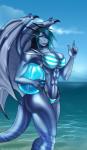 abs ball big_breasts bikini blue_body blue_scales breasts clothing female green_eyes hair long_hair muscular outside scales sea solo summer swimwear tail two-piece_swimsuit water eliana-asato mythology ena_(eliana) dragon mythological_creature mythological_scalie scalie 2018 hi_res