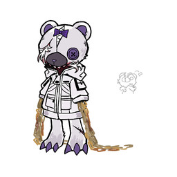 1_eye 3_toes ambiguous_gender anthro anthrofied armless blood bodily_fluids bow_ribbon button_(fastener) button_eyes chain claws clothing fangs feet fur gold_(metal) gold_chain grey_body grey_fur hair head_mouth hoodie leg_scar multicolored_body multicolored_fur plushie purple_bow purple_claws purple_inner_ear purple_nose red_body scar simple_background solo teeth toes topwear unusual_anatomy unusual_hair unusual_mouth_placement white_background white_body white_clothing white_fur white_hair white_hoodie white_topwear zipper clear_all_ralm limbus_company project_moon kira_(limbus_company) animate_inanimate bear distortion_(project_moon) living_plushie mammal 1:1 2026 female_(lore)