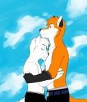 anthro black_body black_fur black_nose clothed clothing cloud duo eyes_closed fur gloves_(marking) happy hug male male/male markings orange_body orange_fur outside romantic romantic_couple size_difference sky skyscape smile tail topless white_body white_fur genchi fayt_(tohfu) kyo_(tohfu) canid canine fox mammal