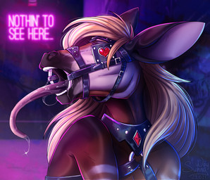 anthro bdsm blinders bodily_fluids bondage bound drooling eyewear female gag gagged harness heart_symbol long_tongue messy open_mouth petplay ponyplay prehensile_tongue purple_tongue ring ring_gag roleplay saliva solo text tongue tongue_out wet sunny_way giraffid mammal okapi 2021 bust_portrait digital_media_(artwork) english_text portrait