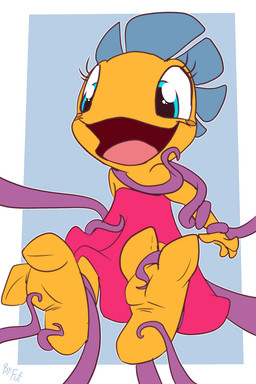 anthro biped blue_eyes clothed clothing dress feet female foot_focus front_view laugh open_mouth orange_body red_clothing red_dress restrained restrained_by_tentacles simple_background sitting solo tentacles tickle_fetish tickling tickling_feet tongue young young_anthro young_female fuf toad_patrol elf_cup amphibian frog toad_(frog) 2019 2:3 hi_res