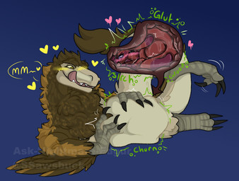 abdominal_bulge ambiguous_gender anthro belly belly_squish blush brown_body brown_feathers digestion duo feathers inside_stomach internal larger_pred male red_body rumbling_stomach semi-anthro sharp_teeth size_difference squish teeth vore ask-nightmare-edgur rain_world videocult catty_(aircooledrats) lyfield_(fierian) dinosaur dromaeosaurid prehistoric_species reptile saurischian scalie slugcat theropod utahraptor