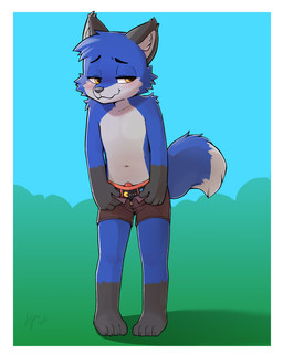 anthro barefoot barely_visible_genitalia barely_visible_penis black_body black_ears black_fur blue_body blue_fur blue_tail border cheek_tuft claws clothed clothing facial_tuft feet fur fur_tuft genitals male multicolored_clothing multicolored_underwear navel penis penis_poking_out penis_tip solo tail topless tuft underwear white_border young young_anthro young_male ajin bandai_namco pac-man_(series) ukyoshadowfox canid canine fox mammal 4:5 hi_res