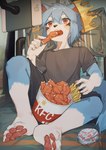 4_toes 5_fingers anthro barefoot blue_body blue_fur blue_hair blush bottomwear bucket_of_chicken burger chicken_meat claws clothed clothing crown eating fangs feet fingers food fried_chicken fries fully_clothed fur gloves_(marking) hair headgear holding_food holding_object kemono kfc_bucket leg_markings male male_anthro markings meat open_mouth pawpads paws shirt short_hair shorts sitting socks_(marking) soles solo t-shirt tablet_computer teeth text toe_claws toes tongue topwear white_body white_fur young young_anthro young_male toye2004 apple_inc. ipad kfc yongzhe domestic_cat felid feline felis mammal 2022 absurd_res chinese_text digital_media_(artwork) hi_res translated