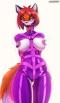 anthro areola bdsm biped blue_eyes blush bodily_fluids bondage bound breasts collar dripping drooling eyebrow_through_hair eyebrows eyelashes fangs female female_anthro fluffy fluffy_tail fur gag glistening glistening_eyes glistening_hair glistening_nose hair inner_ear_fluff latex latexsuit motion_lines purple_latex ring_gag saliva saliva_drip saliva_on_tongue saliva_string short_hair simple_background solo standing tail teeth tongue tongue_out translucent translucent_hair tuft vibe_bullet white_background moddish canid canine fox mammal catsuit_(disambiguation) absurd_res artist_name hi_res