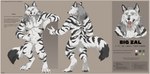 anthro biped border claws digitigrade dipstick_tail fangs fingers fur hair male markings muscular muscular_anthro muscular_male paws solo striped_body striped_fur stripes tail tail_markings teeth text white_body white_border white_fur conditional_dnp oouna zal_(zwerewolf) canid canine canis mammal wolf absurd_res english_text hi_res model_sheet