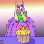 5_tails anthro black_nose breasts clothed clothing cupcake female food fur midriff multi_tail navel purple_body purple_fur shirt solo tail tank_top topwear foxenawolf kaari canid canine dreamspinner fox mammal 1:1