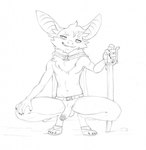 anthro balls bat_ears belt cape chest_tuft clothed clothing crouching erection footwear genitals humanoid_genitalia humanoid_penis long_ears looking_at_viewer male melee_weapon mostly_nude navel penis sandals shoes solo spread_legs spreading sword tuft weapon trashtikko turo_of_akesh bat desert_bat mammal wingless_bat hi_res monochrome