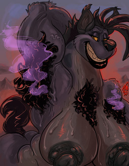 anthro areola armpit_hair big_areola big_breasts bodily_fluids body_hair breasts butt chest_hair female fur hair hairy hyper muscular muscular_anthro muscular_female musk musk_cloud nipples nude simple_background smile solo tail teeth somevelvetmorning disney the_lion_king shenzi_(the_lion_king) hyena mammal spotted_hyena digital_media_(artwork) hi_res