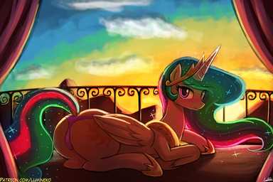 blush butt clothing cloud cutie_mark eyelashes feathered_wings feathers female feral hair horn long_hair looking_at_viewer lying multicolored_hair multicolored_tail on_front panties purple_eyes smile solo sparkles sunset tail underwear white_body white_feathers wings lumineko friendship_is_magic hasbro my_little_pony mythology princess_celestia_(mlp) equid equine mammal mythological_creature mythological_equine winged_unicorn 2017 3:2