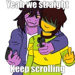 1:1 2020 anthro blastic brown_hair clothed clothing deltarune dual_wielding duo english_text female gesture gun hair hair_over_eyes hand_gesture handgun hi_res holding_gun holding_object holding_ranged_weapon holding_weapon human kris_(deltarune) male mammal meme middle_finger pattern_clothing pattern_shirt pattern_topwear pistol pointing_gun_at_viewer ranged_weapon scalie shirt simple_background smile striped_clothing striped_shirt striped_topwear stripes susie_(deltarune) text third-party_edit topwear undertale_(series) weapon white_background yeah_we_gay_keep_scrolling