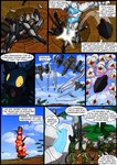 2015 absurd_res aircraft airship anthro battle black_body black_fur blue_sky brianna_(kitfox-crimson) brown_body brown_fur clothed clothing cloud colored comic dasyuromorph day dialogue dialogue_box english_text explosion female fur green_clothing group hi_res hookturn_(kitfox-crimson) in_our_shadow jayrunner_(kitfox-crimson) jetflash_(kitfox-crimson) kitfox-crimson lemur machine male mammal marsupial mecha missile numbat outside primate pupils sky speech_bubble strepsirrhine text vehicle yellow_eyes