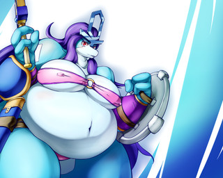 anthro big_breasts breasts clothed clothing female hair holding_melee_weapon holding_object holding_sword holding_weapon looking_at_viewer melee_weapon navel nipple_outline obese obese_anthro obese_female overweight overweight_anthro overweight_female pokemorph purple_hair red_eyes shield skimpy solo sword weapon day-t nintendo pokemon nehru generation_2_pokemon legendary_pokemon pokemon_(species) suicune 2014 5:4 digital_media_(artwork)