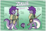 anthro black_tongue border claws clothing female fluffy fluffy_hair green_eyes hair magic_staff magic_user markings potion purple_body purple_hair robe scale_markings scales scutes short_stack solo staff summoner tongue whip white_border graedius_(artist) zullie_(graedius) lizard reptile scalie model_sheet reference_image