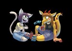 anthro barefoot beverage_can big_ears big_tail casual_clothing dialogue duo feet female plantigrade tail thick_thighs yerba_mate turkojar mythology domestic_cat dragon felid feline felis mammal mythological_creature mythological_scalie scalie absurd_res alpha_channel hi_res