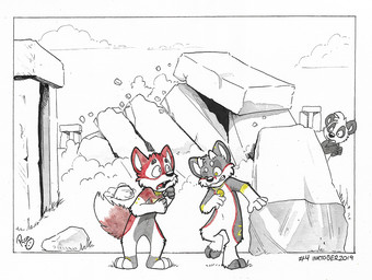 anthro bared_teeth duo_focus fangs featureless_crotch front_view fur grey_body grey_fur group male nude open_mouth outside red_body red_fur red_tail red_tongue standing tail teeth tongue trio wavy_mouth white_body white_fur white_tail young young_anthro young_male pandapaco parinton bear bovid canid canine caprine giant_panda goat hybrid mammal 2019 dated partially_colored traditional_media_(artwork)