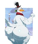 anthro biped clothing female hat headgear headwear nude rear_view scarf simple_background smile snow snowball solo text thick_thighs top_hat wide_hips sssonic2 epic_games fortnite flakey_the_snowbird_(fortnite) avian bird 2024 absurd_res digital_media_(artwork) english_text hi_res