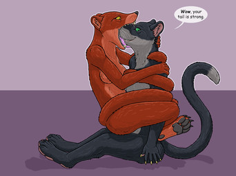 anthro anthro_on_anthro anthro_pred anthro_prey breasts coiling describing_strength dialogue duo female female_anthro female_pred green_eyes grey_background imminent_oral_vore imminent_vore male male/female male_anthro male_prey nude nude_anthro nude_female nude_male obscured_sex on_lap open_mouth pawpads retractable_claws sex sex_with_pred simple_background sitting sitting_on_lap speech_bubble tail text whiskers yellow_eyes strega mira_(strega) ambiguous_species felid mammal english_text hi_res