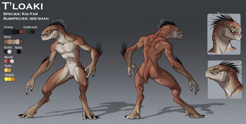 3_fingers 3_toes anthro arm_quills athletic athletic_male back_muscles black_quills butt claws cutaway dewclaw featureless_crotch feet finger_claws fingers gradient_background male nude nude_anthro nude_male pupils quill_hair scales sharp_teeth short_tail simple_background slim slit_pupils solo spurs tail tan_body tan_scales teeth text toe_claws toes yellow_eyes interstellarmachine halo_(series) microsoft xbox_game_studios t'loaki alien ibie'shan kig-yar reptile scalie colored english_text headshot_portrait hi_res model_sheet portrait shaded