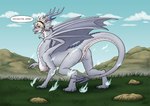 2017 after_transformation anus armor blush breasts busty_feral butt claws comic corrin detailed_background dragon english_text female feral fire_emblem fire_emblem_fates genitals grass hair hi_res horn membrane_(anatomy) membranous_wings mythological_creature mythological_scalie mythology nintendo nipples non-mammal_breasts non-mammal_nipples open_mouth outside plant pussy quadruped red_eyes scales scalie sketchyknight solo tail text wings