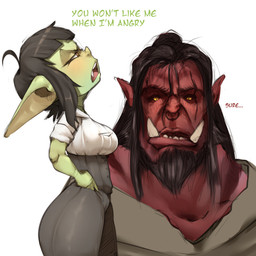 anthro brown_hair clothed clothing dialogue duo female hair intimidation looking_up male shortstack simple_background size_difference text white_background argosornstein goblin humanoid orc 1:1 absurd_res english_text hi_res