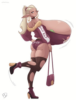 big_breasts biped blonde_hair boots breasts clothed clothing ear_piercing ear_ring female footwear hair high_heeled_boots high_heels huge_breasts humanoid_pointy_ears hyper hyper_breasts legwear looking_back not_furry piercing pointy_ears pupils purse ring_piercing shoes simple_background solo text thigh_highs white_background fiffer elf absurd_res hi_res