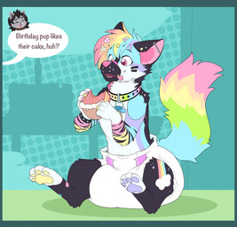 ambiguous_gender asymmetrical_coloring band-aid band-aid_on_face band-aid_on_leg band-aid_on_nose bandage bandage_on_face bandage_on_nose big_diaper birthday_cake black_body black_fur black_hair blue_pawpads blush blush_stickers border bracelet cake clean_diaper clothed clothing collar cutaway cute_fangs dessert dialogue diaper dotted_background ear_barbell ear_piercing eating eating_cake eating_food expression_cutaway fangs feral food fur green_border grey_body grey_fur hair heterochromia jewelry multicolored_body multicolored_fur multicolored_hair multicolored_tail offscreen_character open_mouth pacifier pattern_background pawpads piercing pink_inner_ear pink_nose pink_pawpads purple_pawpads rainbow_body rainbow_collar rainbow_fur rainbow_hair rainbow_tail simple_background sitting solo sparklefur speech_bubble spiked_bracelet spikes sticker stickers_on_body striped_body striped_fur stripes tail teeth text three-quarter_view tongue tongue_out wearing_diaper whisker_spots white_body white_diaper white_fur yellow_pawpads bubblepuppers joel_(sanicgamer1999) starbit_(jupiters) canid canine canis domestic_cat domestic_dog felid feline felis mammal english_text full-length_portrait hi_res portrait
