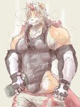 abs absurd_res anthro arknights armwear balls_outline blush bodily_fluids bulge canid canine canis clothing detailed_bulge domestic_dog elbow_gloves forced forced_handjob fur genital_outline genitals gloves hair hand_on_penis handjob handwear hi_res horn hung_(arknights) hypergryph licking licking_lips long_hair male mammal orange_body orange_fur orange_hair pecs penile penis penis_outline pulling_down_pants sex solo studio_montagne sweat tongue tongue_out white_body white_fur white_hair yellow_eyes yunu38