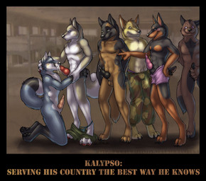 animal_genitalia animal_penis anthro anthro_on_anthro bodily_fluids bottomwear canine_genitalia canine_penis caption clothing cum cum_in_mouth cum_inside erection fellatio genital_fluids genitals group knot male male/male male_penetrated male_penetrating male_penetrating_male military oral oral_penetration pants penetration penile penis public public_sex public_use queue sex sheath tail text voyeur zambuka canid canine canis dobermann domestic_dog fox german_shepherd herding_dog mammal pastoral_dog pinscher wolf digital_media_(artwork) english_text