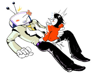 ambiguous_penetration belt black_bottomwear black_clothing black_footwear black_hair black_pants black_shoes bodily_fluids bottomwear butt clothed clothed_sex clothing collared_shirt cowgirl_position cum cum_inside cum_splatter duo ejaculation electronics flying_sweatdrops footwear for_a_head from_front_position genital_fluids gloves hair handwear holding_another holding_partner lying male male/male male_penetrated male_penetrating male_penetrating_male motion_lines necktie not_furry on_back on_bottom on_lap on_top open_mouth pants penetration pointy_nose screen screen_face sex shirt simple_background suit_jacket sweat sweatdrop television topwear white_background vamprions deltarune undertale_(series) spamton_g._spamton tenna_(deltarune) addison_(deltarune) humanoid object_head screen_head tv_head absurd_res hi_res