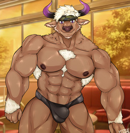 abs accessory anthro armpit_hair body_hair bottomwear brown_body brown_fur bulge chest_tuft clothed clothing fur furniture hair headband horn male multicolored_body multicolored_fur muscular muscular_anthro muscular_male nipples pants pecs plant sofa solo sunset topless tree tuft underwear underwear_only white_body white_fur white_hair window vitzeal lifewonders tokyo_afterschool_summoners shennong_(tas) bovid bovine cattle mammal hi_res signature
