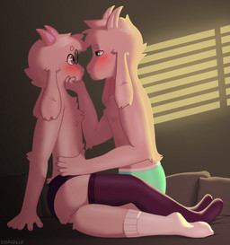 anthro bed biped blush bottomwear boxer_briefs clothed clothing duo eye_contact eyebrows eyelashes eyewear femboy flirting floppy_ears footwear fur furniture glasses green_eyes hair horn legwear looking_at_another male male/male nipples partially_clothed pink_eyes sitting socks stockings topless topless_male underwear white_body white_fur disasdeer deltarune undertale undertale_(series) asriel_dreemurr ralsei bovid bovine caprine goat mammal absurd_res hi_res