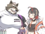 anthro black_hair brown_body brown_fur clothing coat duo eyebrows eyewear female fur glasses hair lab_coat male scientist smile thick_eyebrows topwear sabita_kan lifewonders live_a_hero sensettia viscunam human mammal procyonid raccoon hi_res