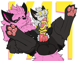 ambiguous_anthro ambiguous_gender ambiguous_on_feral animal_genitalia animal_penis anthro anthro_on_feral bestiality biped black_body black_fur canine_genitalia canine_penis cheek_tuft chest_tuft closed_smile duo facial_tuft feet feral front_view fur genitals grey_body grey_fur head_tuft hindpaw horn inner_ear_fluff knot knotted_penis larger_feral larger_male long_tongue lying male male_feral male_on_anthro mouth_closed multicolored_body multicolored_fur narrowed_eyes on_back orange_eyes paws penis pink_body pink_fur pink_penis plantigrade purple_eyes quadruped simple_background sitting sitting_on_another size_difference slim slim_ambiguous slim_anthro smaller_ambiguous smaller_anthro smile tongue tongue_around_penis tuft two_tone_body two_tone_fur white_background yellow_horn yellow_tongue kavek_(artist) nintendo pokemon fan_character kavek arcanine generation_1_pokemon pokemon_(species) 2026 digital_drawing_(artwork) digital_media_(artwork) flat_colors