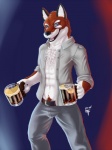 5_fingers abs alcohol anthro beer beer_mug belt beverage biped blue_eyes bottomwear brown_body brown_fur chest_tuft claws clothed clothing container cup dress_shirt fingerless_(marking) fingers fur glass holding_container holding_cup holding_object looking_at_viewer male navel open_clothing open_mouth open_smile pants partially_clothed pubes shirt simple_background smile solo standing tongue topwear tuft white_body white_fur efenrai canid canine canis fox hybrid mammal wolf 2010 3:4