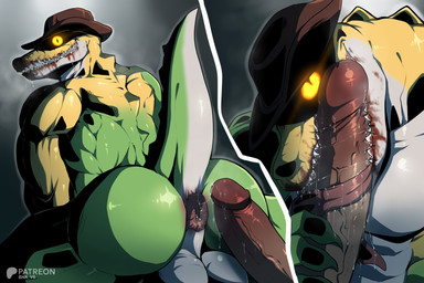 anthro anus balls barazoku big_balls big_butt big_penis blood blood_on_mouth bodily_fluids bubble_butt butt claws clothing cowboy cowboy_hat creepy creepy_face deltoids drooling duo erection faceless_character faceless_male fellatio food genital_danger_play genitals glans glowing glowing_eyes grin hat hat_only headgear headgear_only headwear headwear_only huge_balls huge_butt huge_penis humanoid_genitalia humanoid_penis imminent_anal internal internal_oral long_tongue looking_at_viewer looking_back male male/male manly mostly_nude mostly_offscreen_character mostly_offscreen_male multicolored_body muscular muscular_anthro muscular_arms muscular_legs muscular_male muscular_thighs nude oral oral_penetration penetration penile penis presenting presenting_hindquarters pupils raised_tail saliva sex sharp_teeth slit_pupils smile solo_focus tail teeth thick_arms thick_penis thick_thighs tongue tongue_out tonguejob vein veiny_penis wide_eyed x-ray_view yellow_eyes yellow_sclera bna_v5 glitch_productions the_amazing_digital_circus evil_gummigoo_(tadc) gummigoo_(tadc) alligator alligatorid ambiguous_species animate_inanimate crocodilian food_creature reptile scalie unknown_species 2026 3:2 absurd_res digital_media_(artwork) hi_res shaded