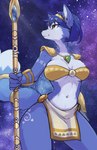 2022 2d_animation animated anthro armor blue_body blue_fur bottomwear bottomwear_aside breasts canid canine clothed clothing clothing_aside cosmic_background female fox fur genitals ingi jewelry krystal's_staff krystal_(star_fox) krystal_appreciation_month loincloth loincloth_aside looking_aside mammal motion_tweening navel nintendo pauldron pussy pussy_slip ryokuro short_playtime solo space space_background star_fox wardrobe_malfunction white_body white_fur