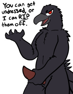 anthro beak dialogue erection genitals male masturbation nude penile penile_masturbation penis red_eyes simple_background solo text threatening tongue white_background trout_(artist) avian bird corvid corvus_(genus) crow oscine passerine 2017 aliasing digital_media_(artwork) english_text