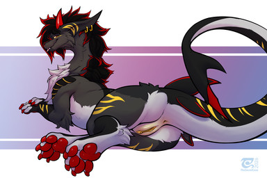 anus butt claws countershade_torso countershading feet female feral fur genitals horn looking_at_viewer paws rear_view simple_background smile solo tail teeth toes tongue vulva thesecretcave mythology dragon mythological_creature mythological_scalie scalie 2026 3:2 digital_drawing_(artwork) digital_media_(artwork) hi_res