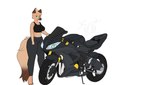 anthro bottomwear breasts clothed clothing female fur green_eyes looking_at_viewer motorcycle pants riding_motorcycle shirt simple_background solo standing sweatpants tank_top topwear two_tone_tail vehicle white_background wide_hips mzzrlaraz kawasaki kawasaki_ninja karmelia canid canine canis coyote mammal digital_media_(artwork) watermark