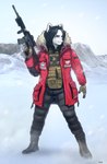 5_fingers ammunition anthro ar-15 ar_platform assault_rifle black_bottomwear black_clothing black_hair boots bottomwear clothed clothing coat fingers footwear fully_clothed gloves gun hair handwear inner_ear_fluff male outside pants ranged_weapon red_clothing red_topwear rifle shoes snow solo topwear tuft weapon pgm300 unknown_species 2022 absurd_res digital_media_(artwork) hi_res shaded