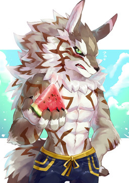 abs anthro biceps blush bodily_fluids bottomwear claws clothed clothing cloud countershading food fruit fur green_eyes looking_at_viewer male manly melon muscular muscular_anthro muscular_male navel pecs plant sharp_teeth shorts solo standing sweat teeth tongue topless triceps watermelon 魔王鱼 lifewonders tokyo_afterschool_summoners seth_(tas) canid canine canis mammal wolf absurd_res hi_res portrait