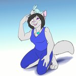 anthro black_hair breasts chest_tuft duo female feral fur gradient_background grey_body grey_fur hair jewelry necklace simple_background tuft foxenawolf isla_aukate alien chirr domestic_cat felid feline felis mammal 1:1