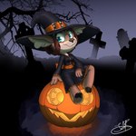 anthro big_eyes cemetery clothing female fluffy_ears food fruit hair hat headgear headwear holidays hooves plant pumpkin red_hair short_stack solo witch_costume witch_hat turkojar halloween isa_sturmi deer mammal 1:1 hi_res