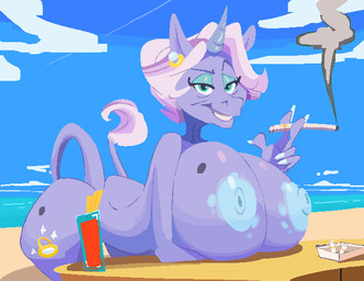 anthro anthrofied areola ashtray beach bent_over big_breasts blue_areola blue_eyeshadow blue_nipples breasts butt cigarette cutie_mark ear_piercing elderly elderly_anthro elderly_female eyeshadow female fur green_eyes grin hair holding_object horn huge_breasts looking_at_viewer makeup markings mature_anthro mature_female mole_(marking) nipples nude outside piercing purple_body purple_fur seaside smile smoke smoking solo white_hair smutbooru friendship_is_magic hasbro my_little_pony mythology old_money_(mlp) equid equine mammal mythological_creature mythological_equine unicorn aliasing binary_drawing digital_drawing_(artwork) digital_media_(artwork) hi_res